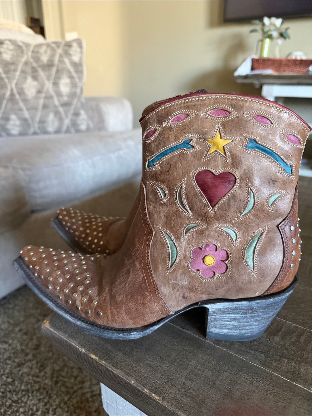 Old Gringo Brown Leather Western Ankle Boots with Colorful Inlay - Picture 3 of 13